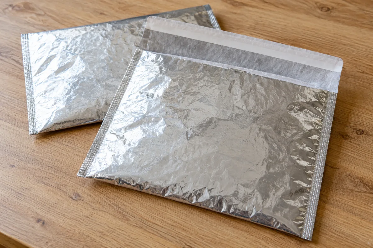 Dos bolsas planas genéricas de superficie plateada y bordes sellados sobre una mesa de madera