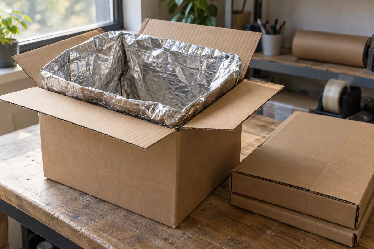 Caja de cartón abierta con un revestimiento plateado arrugado sobre una mesa de embalaje de madera