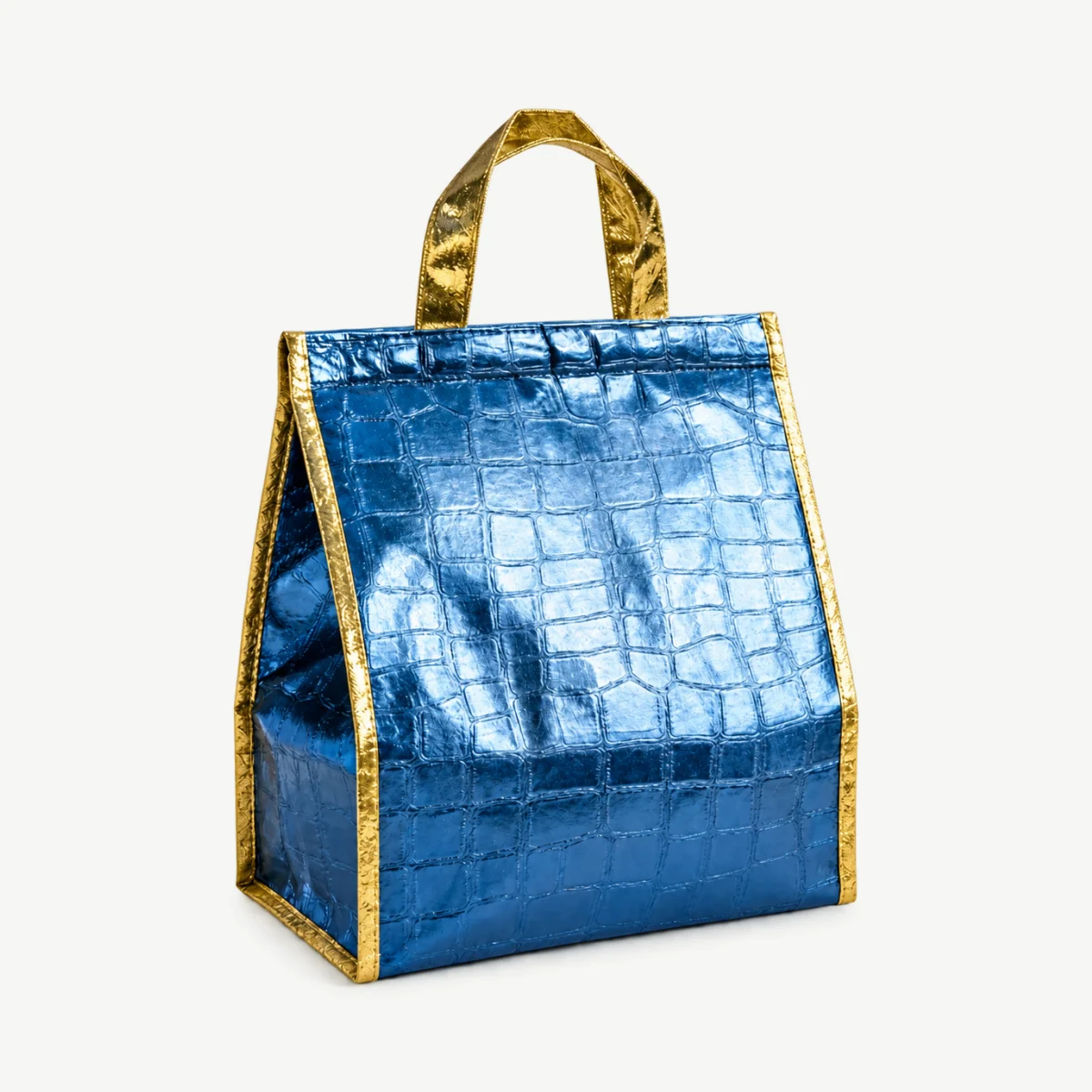 Blue upright insulated grocery bag with gold carry handles